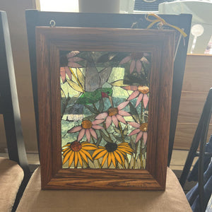 "Hummingbird Picnic" Stained Glass in Vintage Wood Frame By Local Artist Bonita Bell