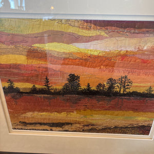 "As the Sun Sets" Free Motion Embroidery on Surface Collage Fabrics - UV Glass - Acid Free Matting