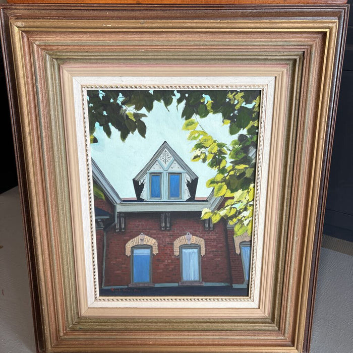 Oil Acrylic Print "Red House With Windows" in Brown Frame