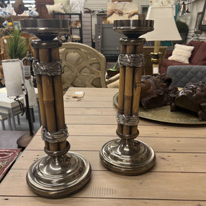 Pair- Bamboo Candleholders w Nickel Base