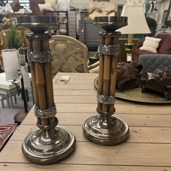 Pair- Bamboo Candleholders w Nickel Base
