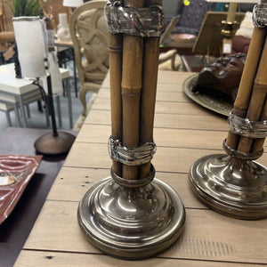 Pair- Bamboo Candleholders w Nickel Base