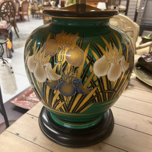 Green Ceramic Ginger Jar Lamp w Iris Design & Cream Colour Shade
