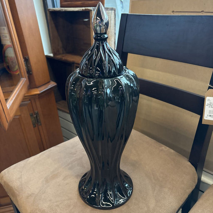 Large Black Ribbed Ceramic Vase w Finial Lid