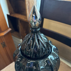 Large Black Ribbed Ceramic Vase w Finial Lid