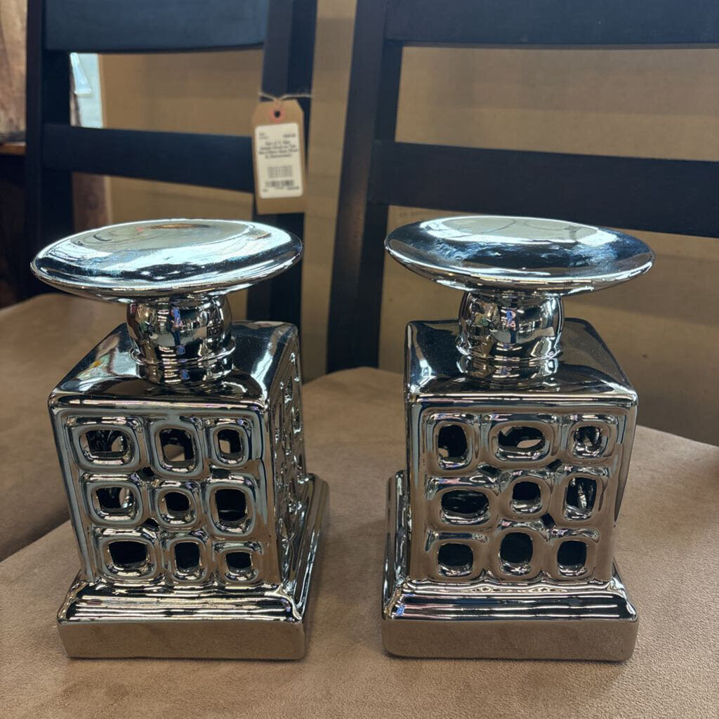 Pair Chrome Patterned Candleholder