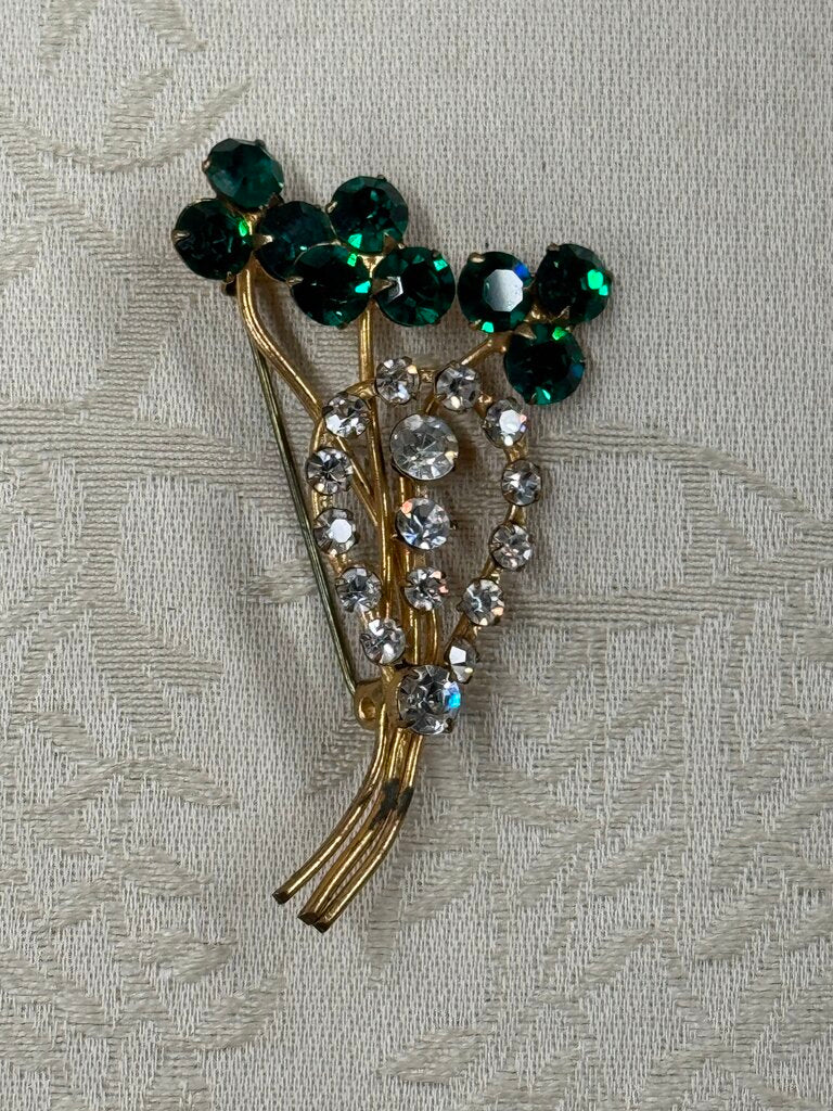 Gold Brooch w Green and Clear Rhinestones