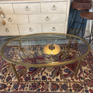 Oval Glass Coffee Table w Gold Metal Trim & Base