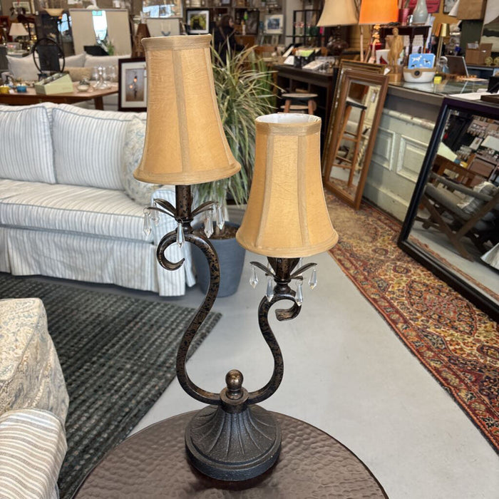 Bronze Metal Lamp w 2 Gold Satin Lampshades
