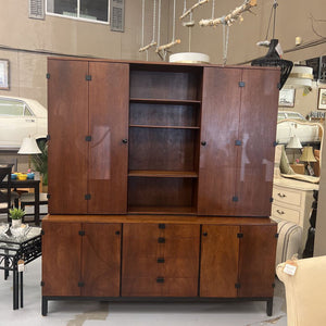 Dark Stained, Rustic Teak Wall Unit w Shelves & Lower Storage