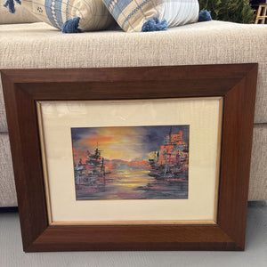 Original - Lake Scene in Blue & Orange w Wood Frame by Vickie Martin