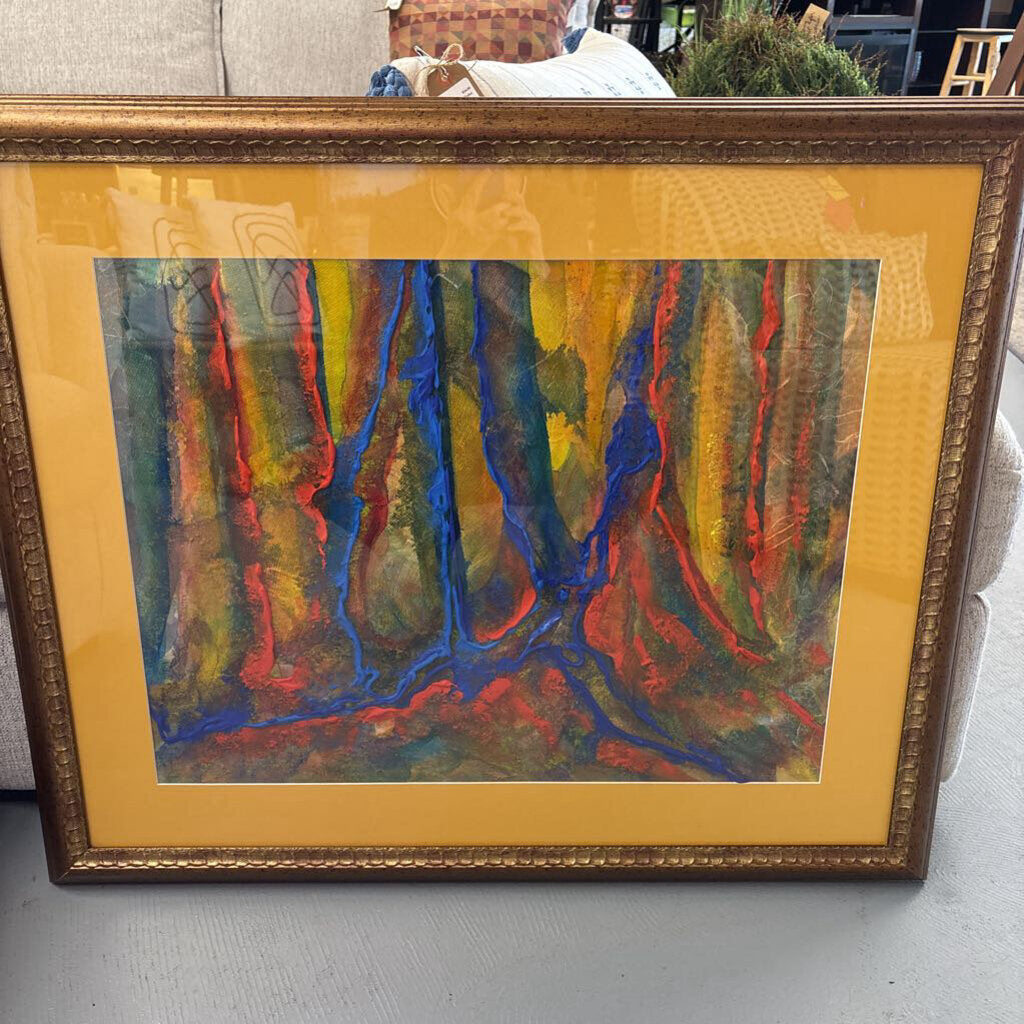 Original Abstract w Yellow Matt w Copper Frame by Vickie Martin