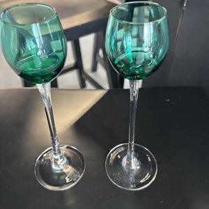 Pair of Vintage Green Long Stem Cordial Glasses
