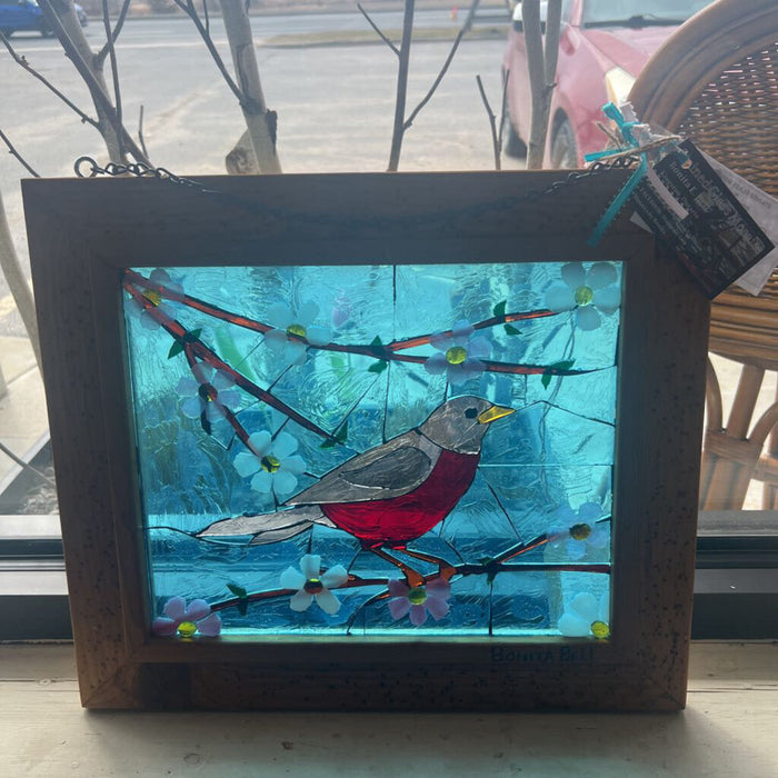 "Signs Of Spring" Stained Glass In Vintage Wood Frame By Bonita Bell
