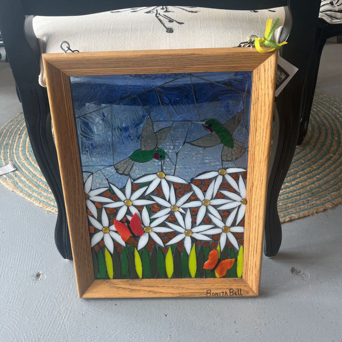 "Butterflies And Birds" Stained Glass In Vintage Wood Frame By Bonita Bell