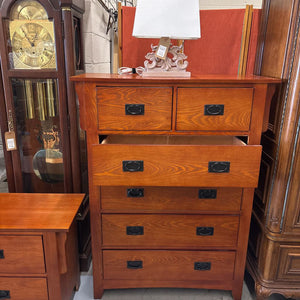 Mission Style Cherry Stained Highboy Dresser - 5 Drawers