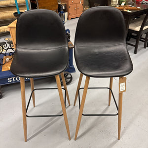 PAIR Bar Height Stool w Black Leather Seat, Wood Legs