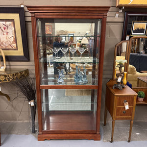 Mahogany Lighted Curio Cabinet w Glass Shelving, Sliding Front Door