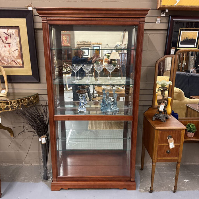 Mahogany Lighted Curio Cabinet w Glass Shelving, Sliding Front Door