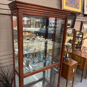 Mahogany Lighted Curio Cabinet w Glass Shelving, Sliding Front Door