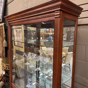 Mahogany Lighted Curio Cabinet w Glass Shelving, Sliding Front Door
