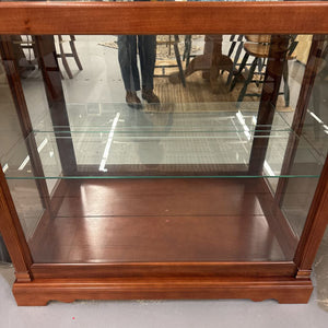 Mahogany Lighted Curio Cabinet w Glass Shelving, Sliding Front Door