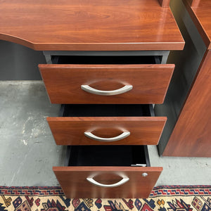 Cherry Look Office Corner Desk w Upper Shelf, Lower Filing Cab.