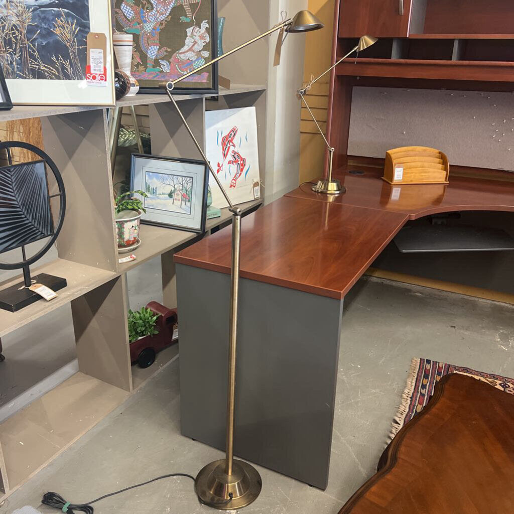Brushed Brass Floor Lamp w Adjustable Swing Arm