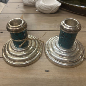 PAIR Silver Plated Candlestick Holders w Blue Abalone Wrap