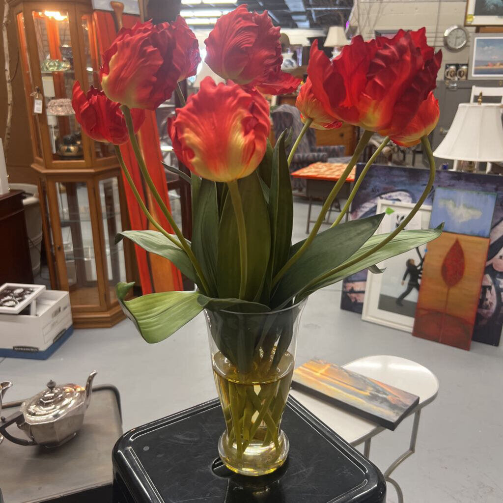 Faux Red Tulips in Glass Vase
