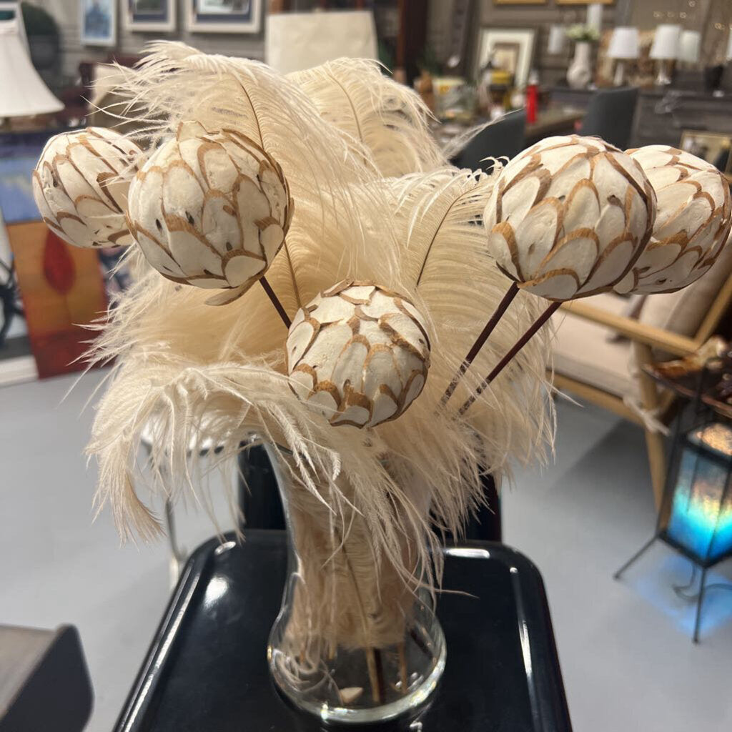 Cream Feather & Ball Decor in Glass Vase