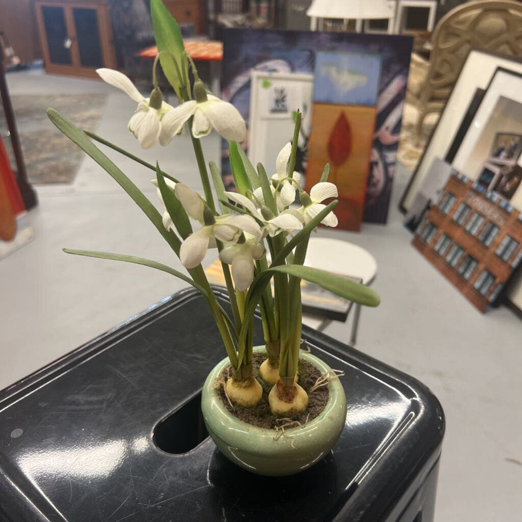 Faux Snowdrop Flowers in Green Planter