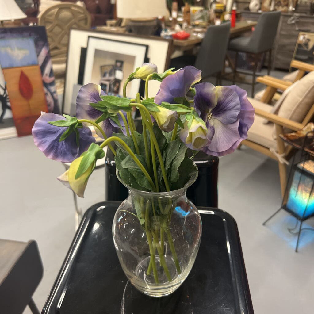 Faux Purple Lisianthus Stems (5) in Glass Vase