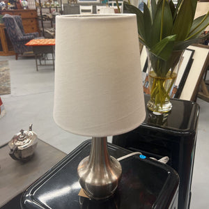 Small Table Lamp w Brushed Chrome Rounded Base, White Shade