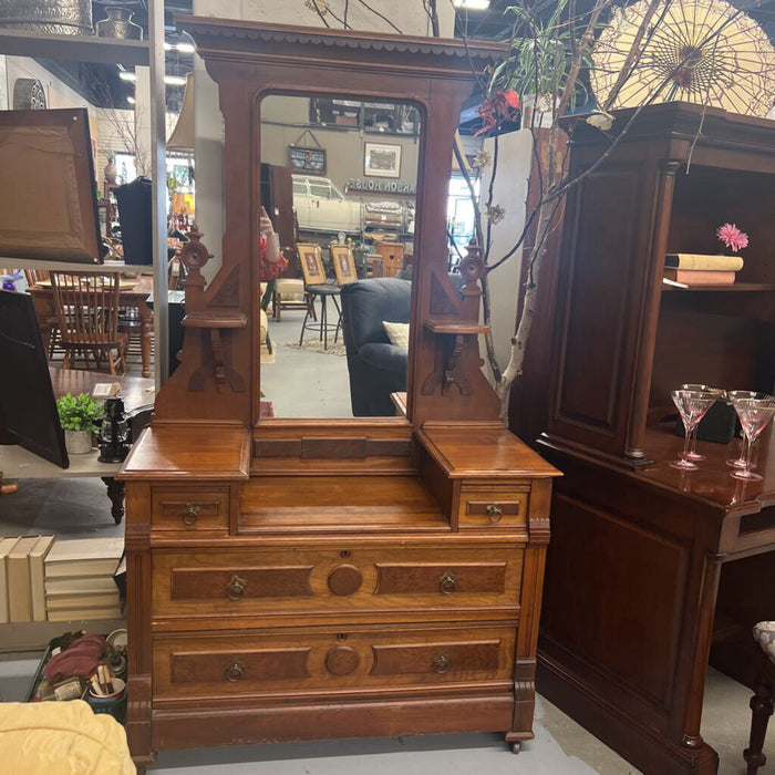 Antique Cherry Eastlake Vanity Dresser w Mirror- 4 Drawers