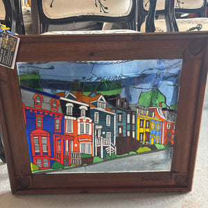 "Jelly Bean Houses" NFLD Stained Glass in Vintage Wood Frame by Bonita Bell