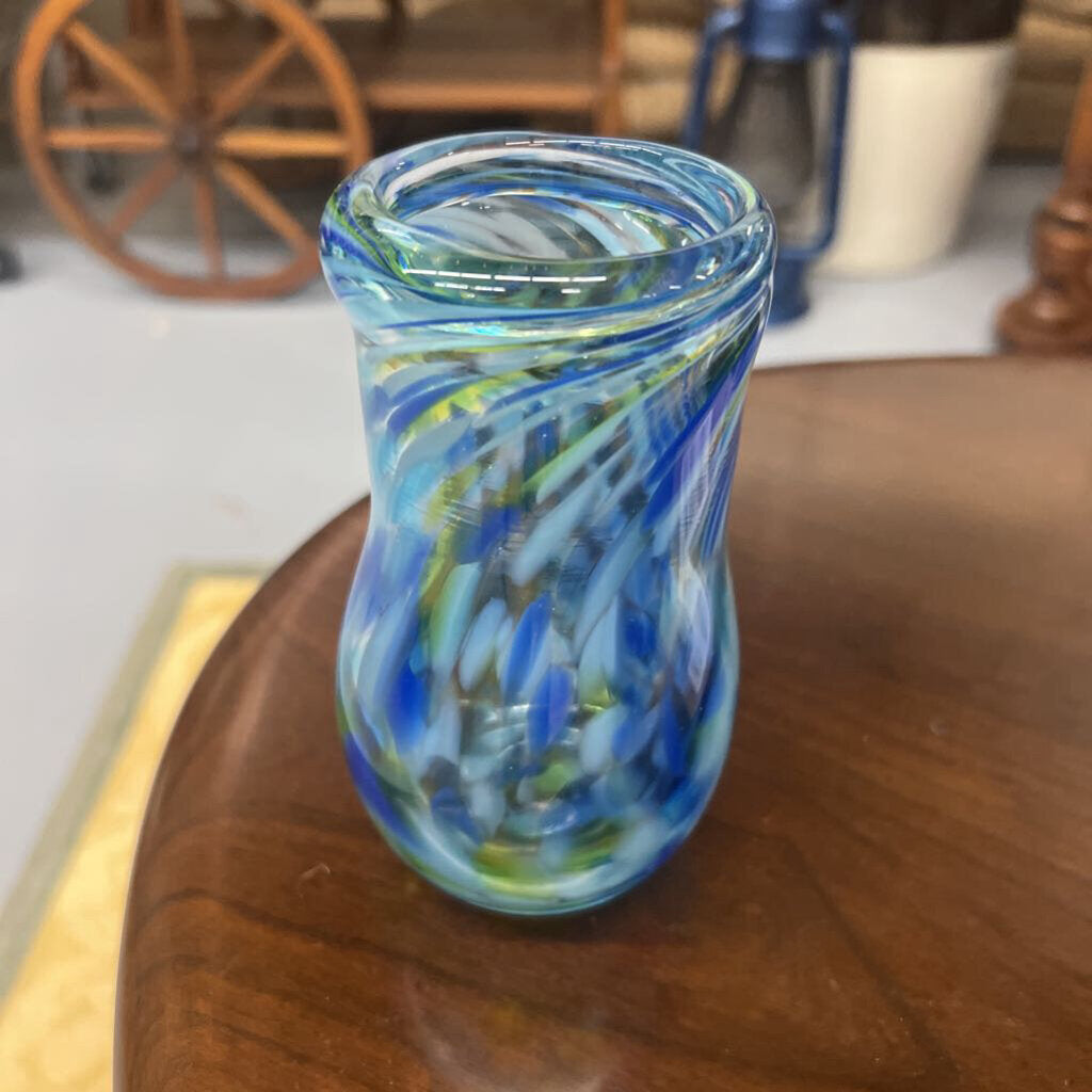 Blue Swirl Murano Look Handblown Glass Vase