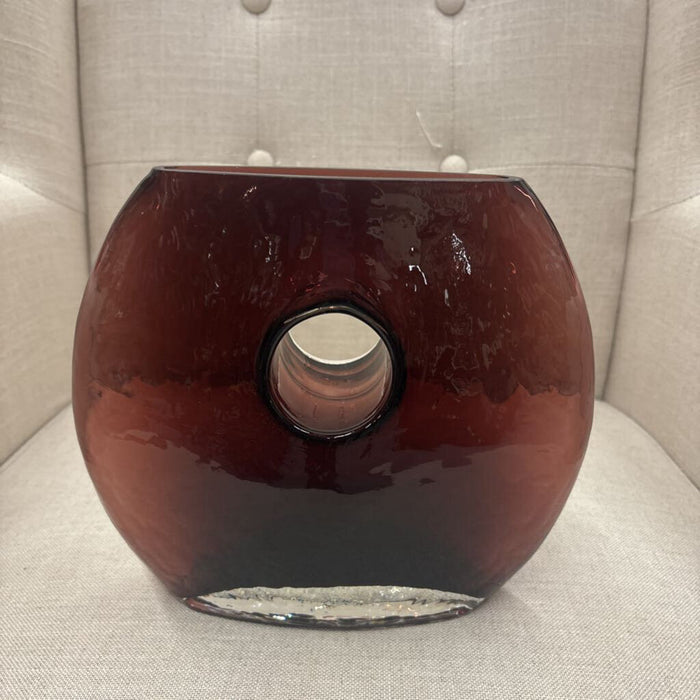 Vintage Mid Century Cranberry Art Glass Donut Vase