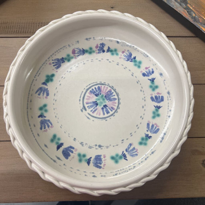 Cream Colour Pottery Serving Dish w Flower Design & Braiding