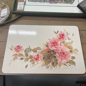 Catherine Hamilton Hard Cork Placemats, Barbola Pink Cabbage Roses- Set Of 4