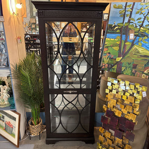 Dark Hardwood Lit Curio w Sliding Glass Door - 4 Shelves