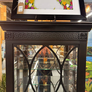 Dark Hardwood Lit Curio w Sliding Glass Door - 4 Shelves