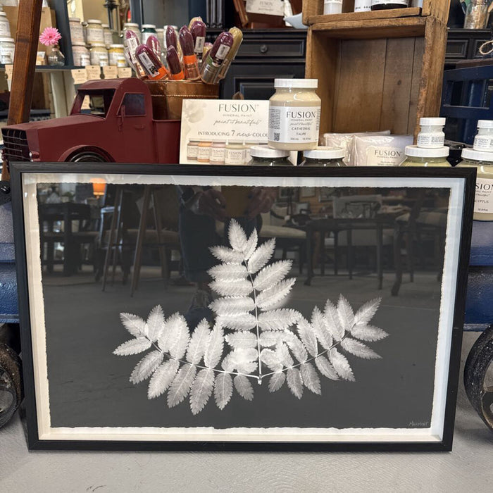 Black Window Box w White Leaves Art