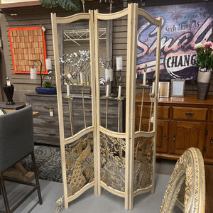 Light Up Room Divider w Gold Peacocks & Cream Finish