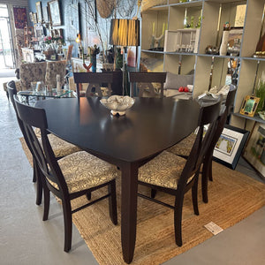 Three Sided Dark Hardwood Dining Table w 6 Cream Fabric Chairs