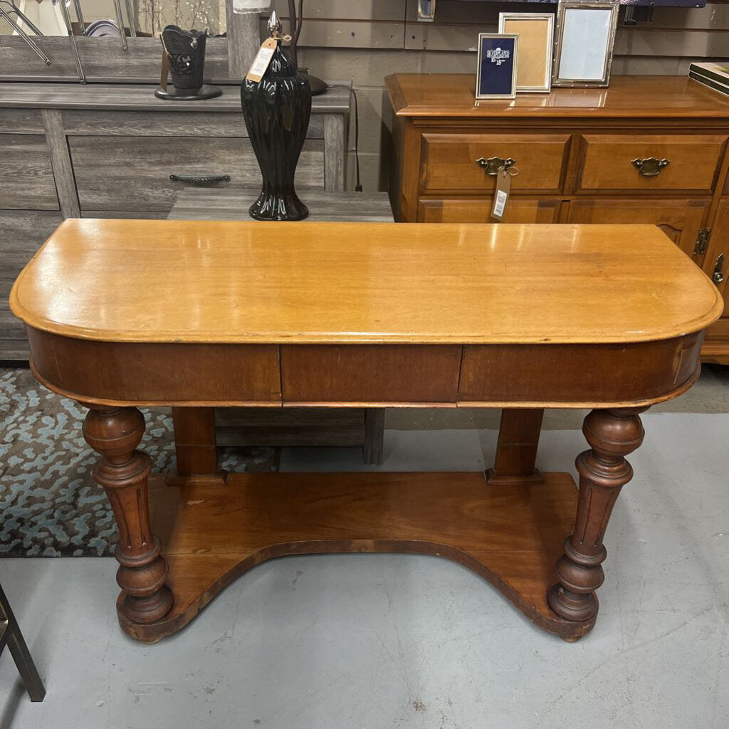 Antique Mulit-Wood Rounded Hall Console Table w Drawer