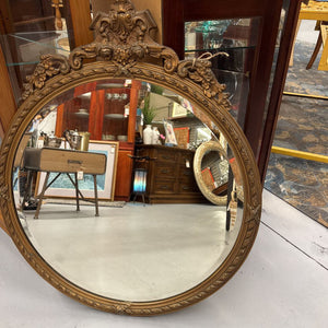 Round Antique Mirror w Coronet & Patina Gold Metal Frame