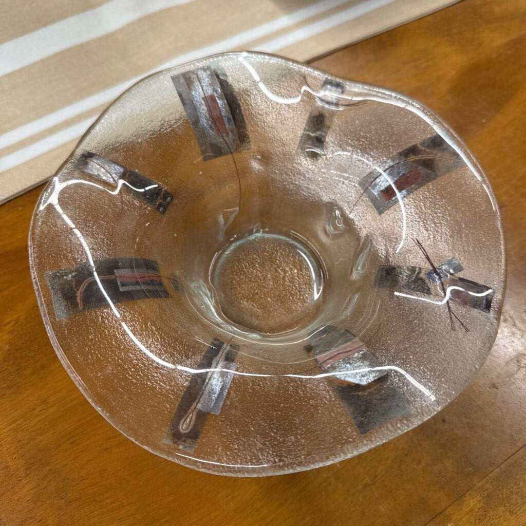 Low Glass Vase Bowl w Silver Copper Accent