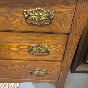 Antique Oak 3-Drawer Dresser w Carved Mirror