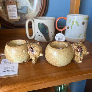 Pair Of Ceramic Pottery Cat Egg Holders